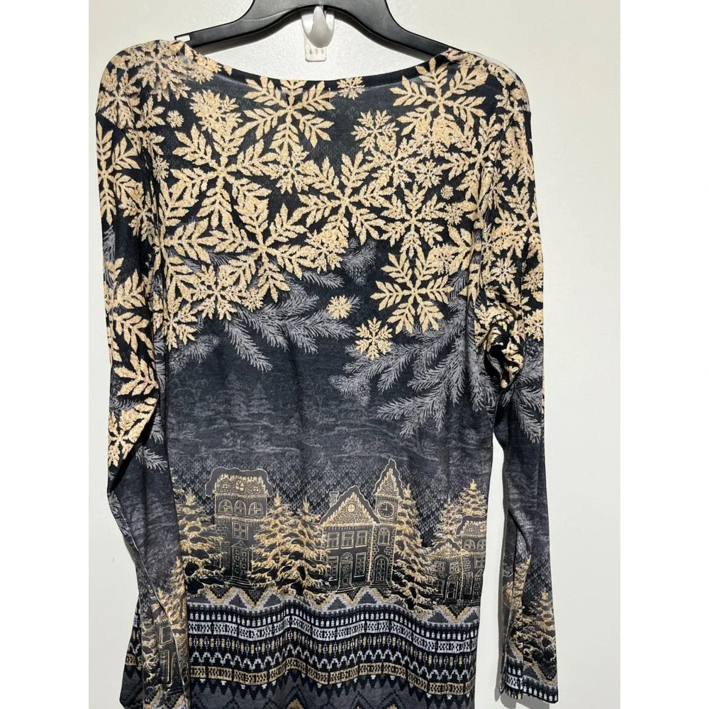 One World Winter Village Snowflake Gold Black V-Neck Long Sleeve Top‎ XXL